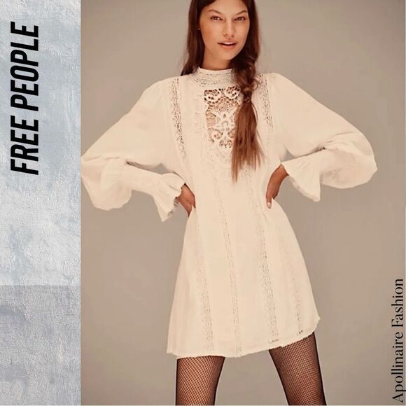 FREE PEOPLE VIENNA CROCHET TRIM MINI DRESS IN IVORY NWT XS TP, SP TP - Picture 2 of 7